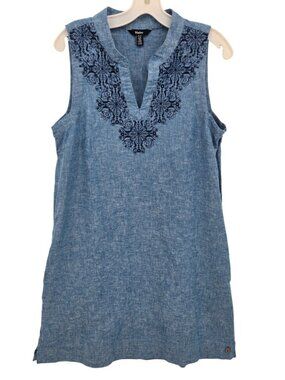 Hatley Sleeveless Dress L Linen Cotton Pockets Embroidered V Neck Boho Coastal